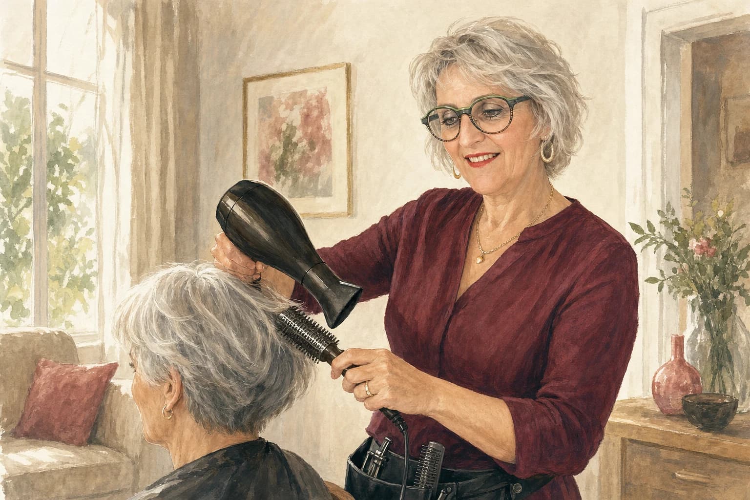 Nadine réalise un brushing au domicile d’une cliente